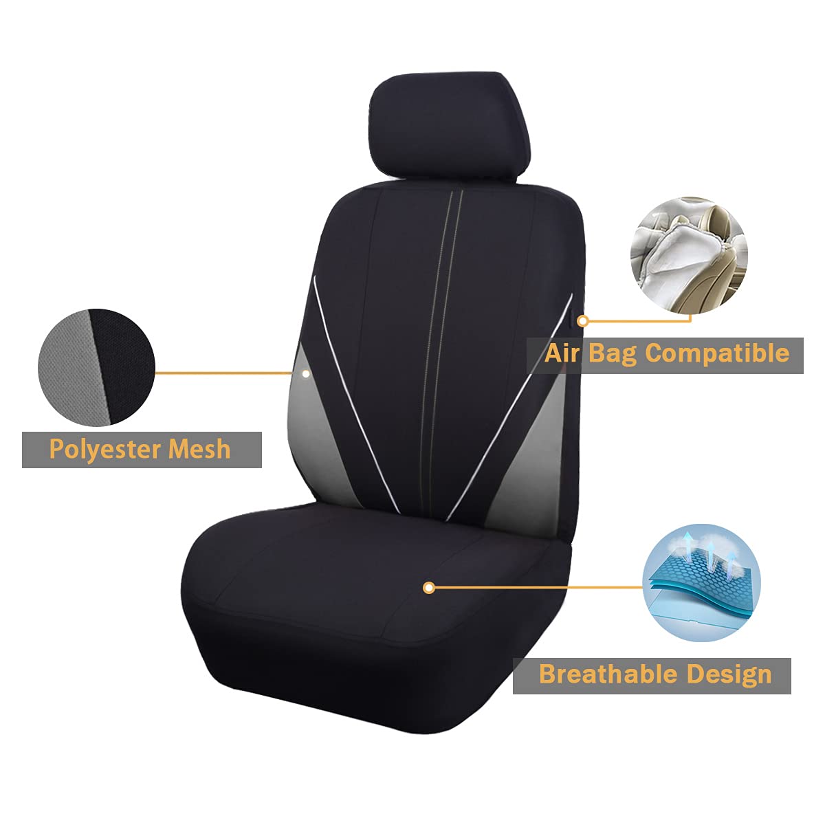 Flying Banner Universal atmungsaktive Netzstoff-Autositzbezüge, komplettes Set Airbag-kompatible Kissen Schutz (Schwarz und Grau)