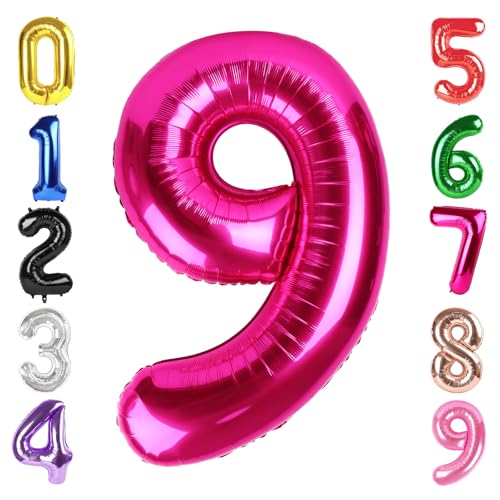 Image of 40 Inch Hot Pink Number 9 Balloon, 9th Birthday Party Decorations | 40 Inch Hot Pink inflatable foil number balloons, large birthday decorations for 9th birthday