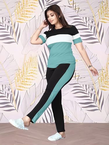 Image of Cotton Blend Tracksuits for Women Half Sleeves Round Neck Woman Workout T-shirt & Pant for Sports Comfortable and Breathable Gym Wear for Womens Tracksuit Set with Top & Bottom Pants