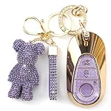 Rayslesan Cute Key Fob Cover with Rhinestone Bear Charm, Bling TPU Smart Key Case for Women, Compatible with Mercedes Benz S-Class G-Class E-Class EQE EQS 2020-2025 (3-Button, Gold Purple)