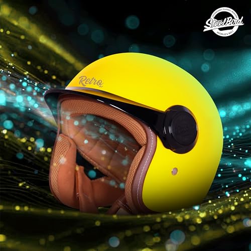 Image of Steelbird SBH 65 Retro 3.0 DOT and ISI Certified Open Face Helmet for Men and Women (Medium 580 MM,Glossy Yellow with Black Peak)