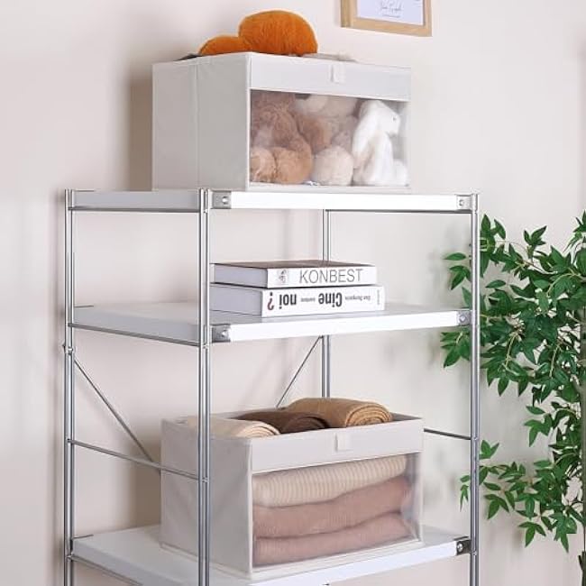 WUIKE Closet Storage Bins, Fabric Organizer Baskets with Clear Window and Handles, Foldable Storage for Shelves, Beige, Large, 3-Pack