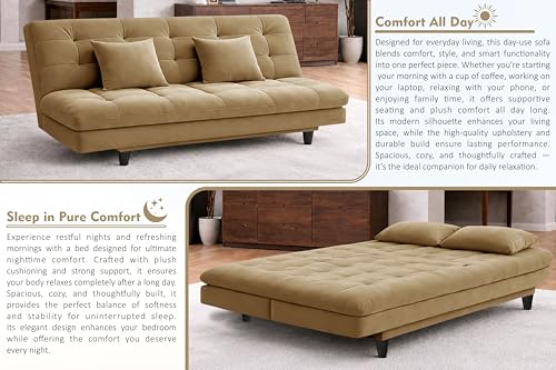 Image of Rosebell Modern Three-Seater Sofa Cum Bed Foldable Velevt Fabric Sofa, Seating, Stylish Design for Living Room, Guest Room & Office-Golden-Color