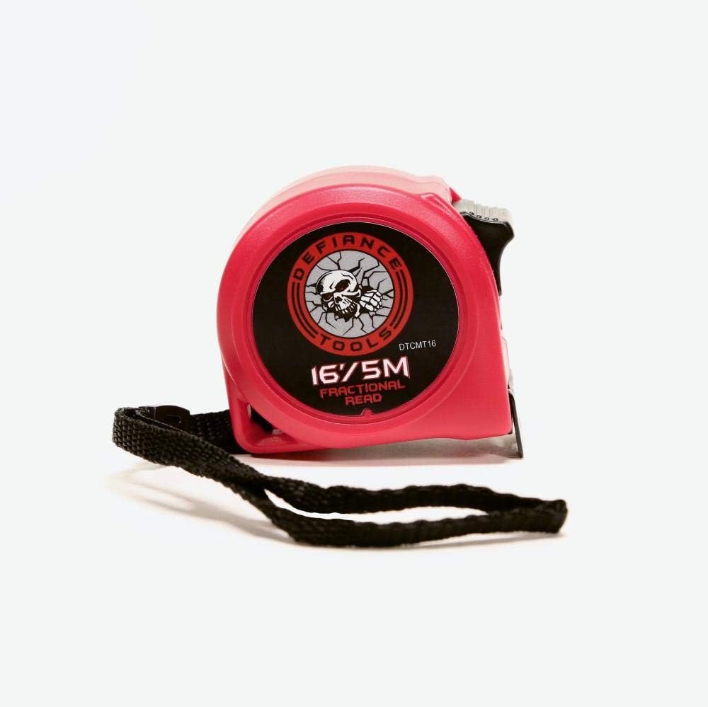 Defiance Tools Compact Retractable Tape Measure with Wrist Strap, Double Sided Printed, 16' ft Foot, 5m Meter, 16 inch Stud Markings (Red/Black)