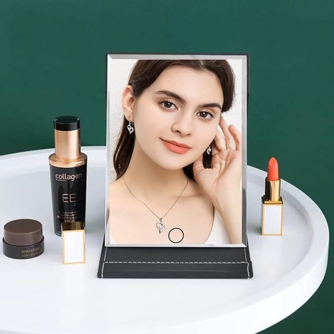 Image of Folding Round Compact Mirror with PU Leather Cover & Stand | Portable Vanity Mirror for Desk, Travel & Camping | Small Handheld Tabletop Makeup Mirror | Elegant Princess Design (Black)