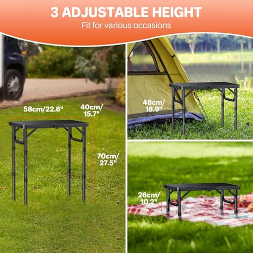 FUNYKICH Mesa de Camping Plegable Pequeña 2ft (22.8" Lx15.7" W), Mesa de Picnic Portátil con 3 Alturas Ajustables, Ligera de Aluminio para Exterior, con Asa, Negra miniatura 2