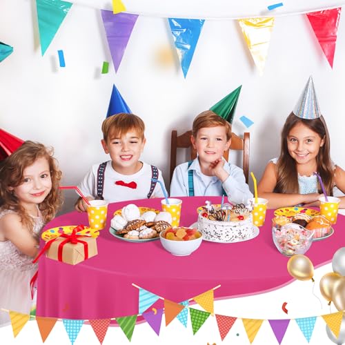Image of tujol Hot Pink 6 Pack Plastic Table Cloth 84 inch, Disposable Round Tablecloth Table Cover, Plastic Tablecloths for Parties