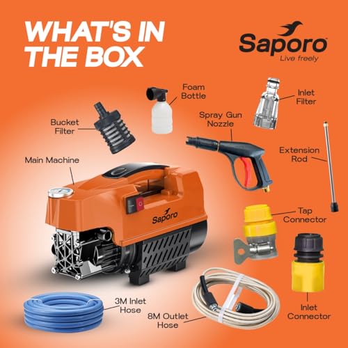 Image of Saporo Quickjet High Pressure Car Washer, 1800W Portable Pressure Washer with 120 Bar, 6.5 L /min Flow Rate, Self Priming, Auto Stop System, 8m Outlet Hose, 9 Accessories for Car, Bike & Home Cleaning