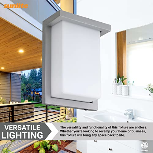 Image of Sunlite 81480 8 inch Modern LED Wall Sconce Light, Outdoor Fixture, Adjustable 3 CCT 3000K-5000K, 12 Watts, 600 Lumens, Opal Shade, Brushed Nickel Frame, Indoor For Bathrooms, Garage, Hallways & Entryways