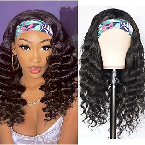 Loose Deep Wave Headband Wig Human Hair for Black Women Brazilian Virgin Human Hair Loose Deep Curly Headband Wigs Glueless None Lace Front 150% Density 16 Inch
