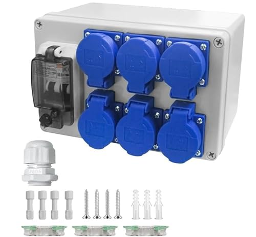 Baustromverteiler16A - IP67 Wasserdicht Stromverteiler mit FI Schalter Verteiler 6 Steckdosen, für Drinnen und Draußen Baustromverteile, Werkstätten und Fabriken