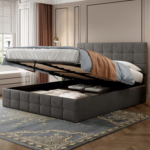 Merax 4ft6 Double Upholstered Ottoman Storage Bed Frame,135x190cm Velvet,Lift Storage BED with Adjustable Button-Tufted Headboard and Wooden Slats (Without Mattress - Grey)