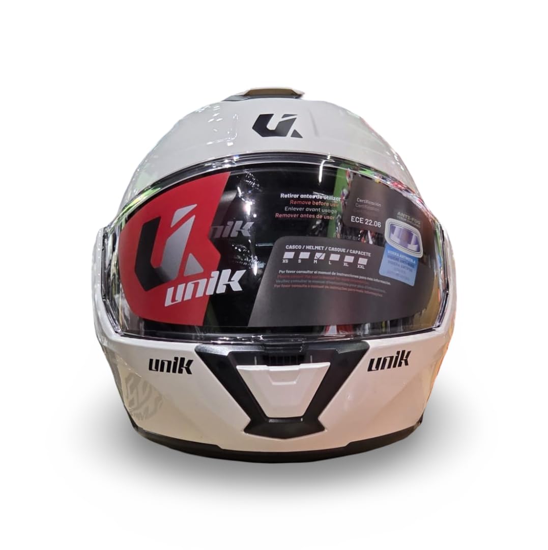 unik Casco Modular Abatible 180 Spectrum Moto Adultos Visera Solar Doble Policarbonato 2 Calotas Ventilación Frontal Trasera Cierre Micrométrico - Blanco brilo , Talla L