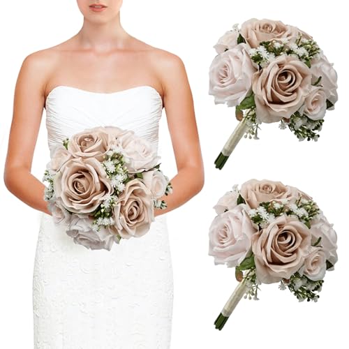 DIYDOFUN Wedding Bridesmaid Bouquets Set of 2, Artificial Silk Flowers Arrangement for Ceremony Marriage Proposal Party Anniversary Decorations - Nude