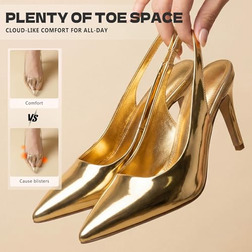 Image of heelchic Slingback Heels for Women, Pointed Toe Stiletto Pumps | Closed Toe Patent Finish 2.95 Inch High Heels, Slip On Dress Pumps for Work, Wedding, Evening and Party