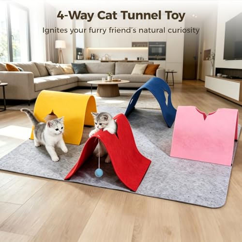 yeeplant Katzentunnel- Spielzeug, 4- Wege- Filz, interaktive Aktivitätsmatte, 89, 9 x 89, 9 cm, faltbare Haustier- Spielstruktur, bunte Tunnel, weiche Indoor- Katzenhöhle für Bewegung und ga-5