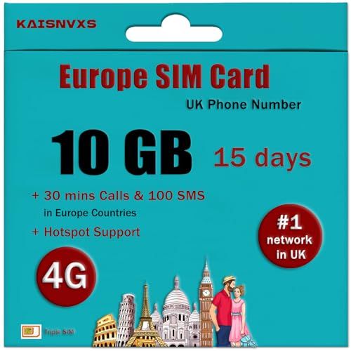 KAISNVXS Prepaid SIM Card for Europe Travel with 10GB of 4G Data, 30 mins Calls and 100 SMS Between Europe Countires with UK Phone Number (Lasts for 15 Days),Tethering Allowed, Plug and Play