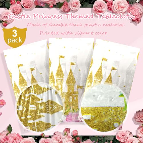 OQOQ Princess Tablecloths (3 Packs), 54x108 Inch Pink Birthday Decorations Plastic Rose Castle Once Upon A Time Themed Table Cloth Disposable Rectangle Table Cover for Girls Birthday Party Supplies by OQOQ - Used condition - Image 4