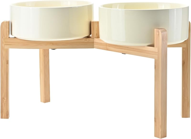 Comedouro Elevado para Cães com Tigela de Cerâmica e Suporte de Bambu SPUNKYJUNKY Beige, 1,7 L