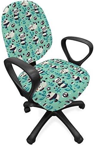 Lunarable Panda Office Chair Slipcover, Cartoon Panda Bears on Bamboo Sticks Jungle Plants Birds and Berries Wildlife Theme, Protective Stretch Decorative Fabric Cover, Standard Size, Teal Black