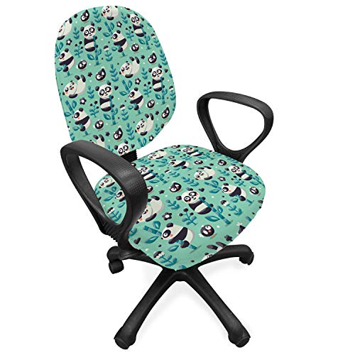 Lunarable Panda Office Chair Slipcover, Cartoon Panda Bears On Bamboo Sticks Jungle Plants Birds And Berries Wildlife Theme, Protective Stretch Decorative Fabric Cover, Standard Size, Teal Black #TOP3