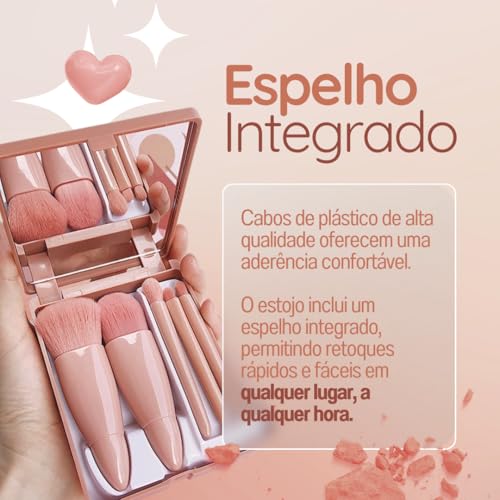 Kit Portátil de Pincéis de Maquiagem com Espelho, Rosa (PINK ROSA)