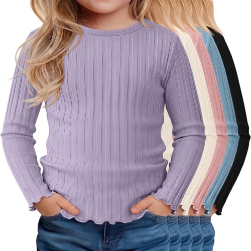 JoyMotion 5 Pack Toddler Girls Long Sleeve Shirts Baby Ribbed Cotton Crewneck Tops Lettuce Trim Fitted Undershirts(5T,Light Purple, Cream, Blossom Pink, Light Blue, Black)