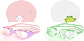 2 Pack Kids Swim Goggles with Silicone Swim Cap, Swimming Goggles for Kids 6-14, Anti-Fog UV Protection Pool Goggles Cap Set for Boys Girls Children