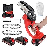 Mini Chainsaw Cordless, 4 inch Portable Battery Powered Chain Saws with Safety Lock, One-Hand Handheld Electric Small Chainsaw for Gardening Tree Branch Wood Cutting(2 batteries and 2 chains)