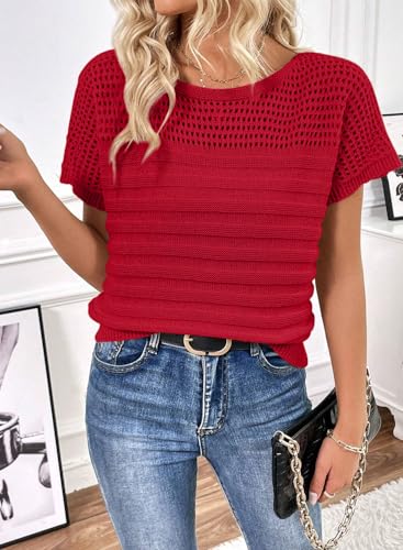 Image of SHEWIN Womens Sweaters Crew Neck Short Sleeve Shirts Summer Tops Knit Hollow Out T Shirts Sweater Blouses