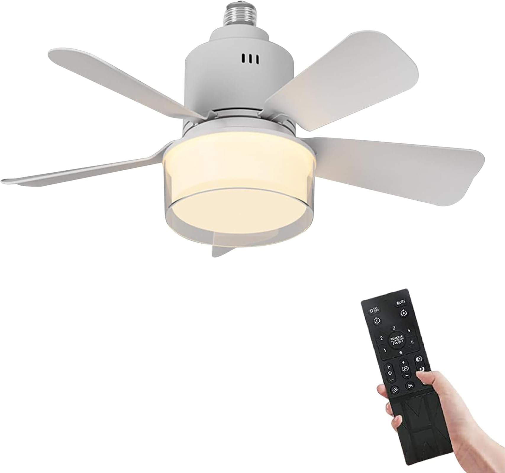 E27 Ceiling Fan Light with Remote Control, 24W LED, 4 Speeds & 3 Colour Modes (3000K–6500K), 2400LM Dimmable, Quiet Motor, Easy Install – for Bedroom, Kitchen, Garage (White (Without Connecting Rod))