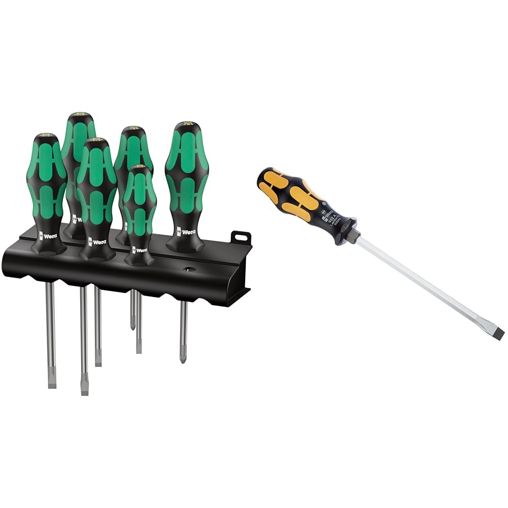 Wera - 5105650001 Kraftform Plus 334/6 Screwdriver Set with Rack and Lasertip, 6-Pieces, Multicolor & 05018270001 Kraftform Plus 932 A Slotted Screwdriver, 10mm Head, 7" Blade Length