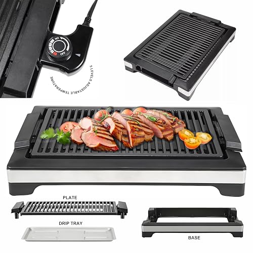 Electric Portable Smokeless Grill, 5 Levels Adjustable Temperature & Cool-touch Handles, 1600W BBQ Griddle, Middle Size, Non-Stick Cooking Surface, Dishwasher Safe Removable Water Tray, Black