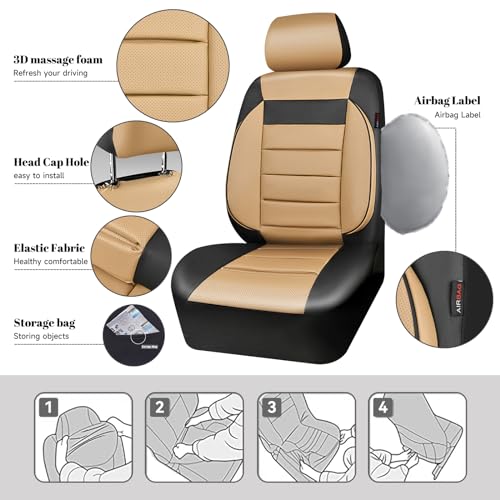 Image of CAR PASS Leather Seat Covers Full Set Universal Water Resistant 3D Foam Back Support, Luxury Comfort Automotive 5 Seat Covers All Season Fit for SUV,Sedan,Van, Airbag Compatible Elegance(Beige Black)