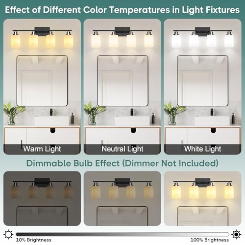 Image of Ascher Bathroom Light Fixtures, 4-Light Vanity Light Over Mirror, Black and Nickel Wall Sconces with Milky White Frosted Glass Shades, Wall Lamp for Living Room Bedroom, E26 Base(Bulbs Not Included)