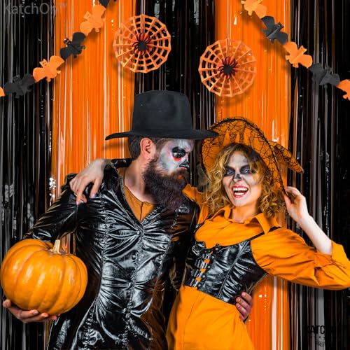 Image of KatchOn, Black and Orange Foil Fringe Curtain - XtraLarge 3.2x8 Feet, Pack of 2 | Orange and Black Streamers, Halloween Decorations | Fringe Backdrop Curtain for Birthday, Summerween Party Decorations