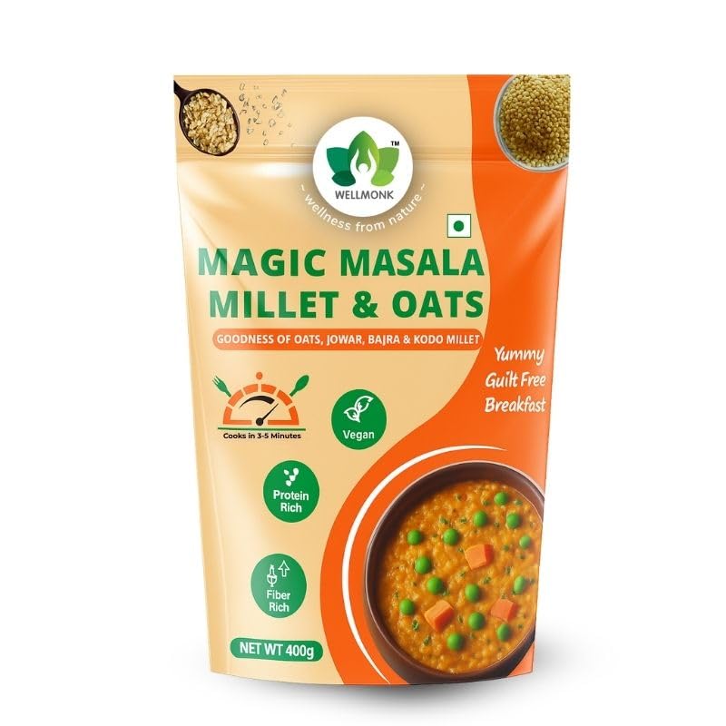 Image of WellMonk Magic Masala Millet & Oats - Healthy Instant Breakfast, Rich in Wholegrains & Vegetables|Vegan|Protein-Rich|Fiber-Rich| Goodness of Oats,Jowar, Bajra&Kodo Millets Pack of 1 400g