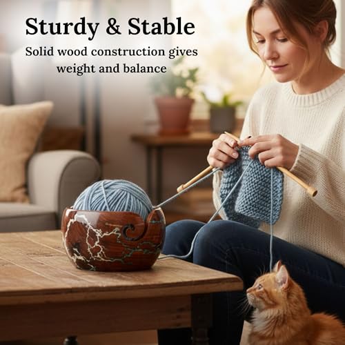 Image of Lichtenberg Figure Yarn Bowl - Handmade Wooden Yarn Bowl for Knitting Yarn Ball Holder - Yarn Bowls with Holes Crochet Bowl Holder - Yarn Storage Bowl 7 inch x 4 inch inches (Blue and White)