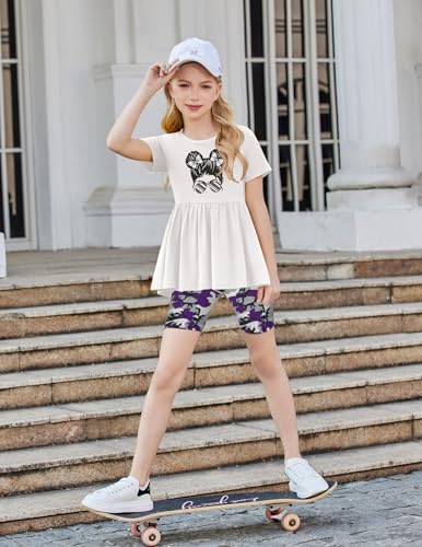 Image of Arshiner Girls Summer Outfits Short Sleeve Ruffle Hem Top and Biker Shorts Set Girl Clothes 4-15 Years