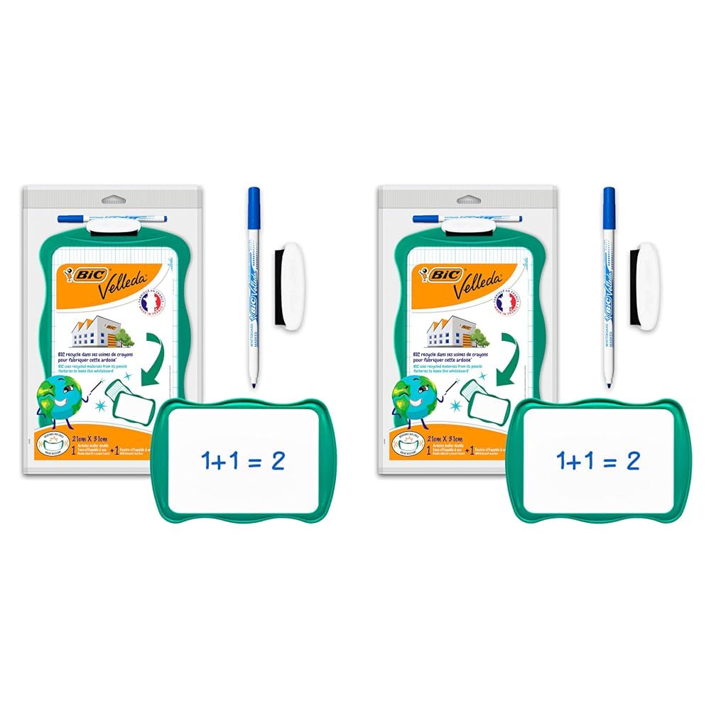 BIC Velleda Pizarra Blanca Pequeña de Doble Cara con 1 Borrador y 1 Rotulador Azul, Material Oficina, 21x31cm, Óptimo para material escolar (Paquete de 2)