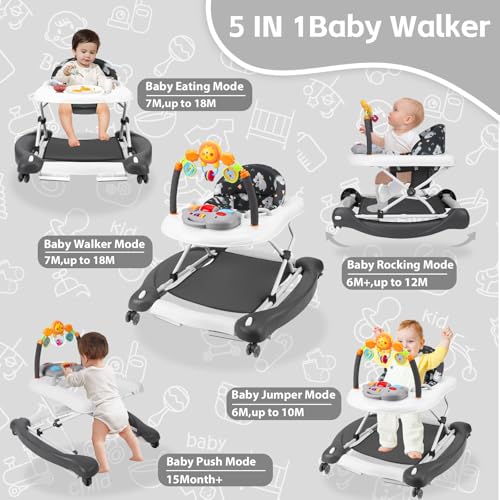 Image of Baby Walker, 5 in 1 Baby Walkers for Boys Girls 6-12 Months, Foldable Walkers for Babies with Bouncer & Feeding Tray, Music, Adjustable Heights, Activity Walker for Infant
