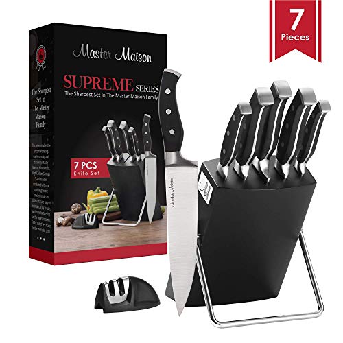 7-Piece Premium Kitchen Knife Set With Wooden Block | Master Maison German Stainless Steel Cutlery With Knife Sharpener (Black)