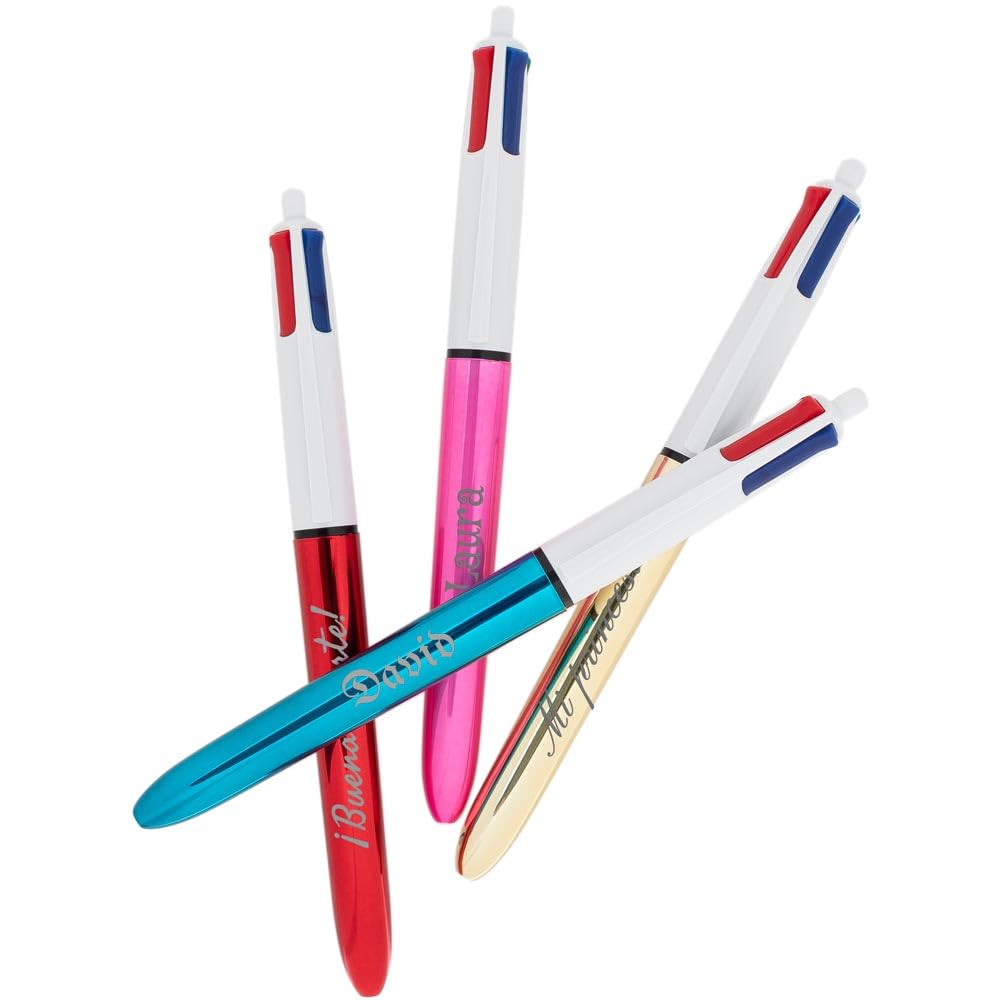 Bolígrafo BIC metálico personalizado de 4 colores - Grabe un texto en este práctico bolígrafo - Idea de regalo personalizado para un cumpleaños, Navidad, Día del Padre o para un profesor