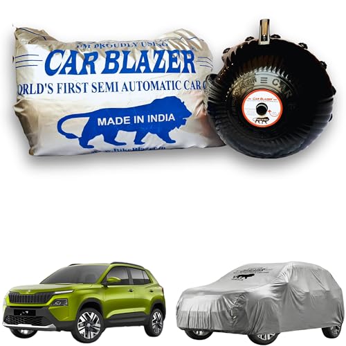 Image of CARBLAZER Portable & Semi-Automatic Full Body Car Covers: Heavy Duty Device| Anti-Theft| Dust & Scratch Proof | Water & Wind Resistant|Custom Fit| Dual-Side Cover, Compatible for Skoda kylaq