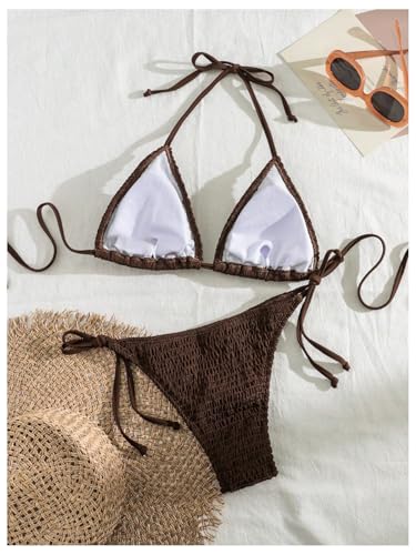 GORGLITTER Women's Halter Triangle Bikini Set Smocked String High Cut Thong Swimsuit Bathing Suit Beach Fashion 20252