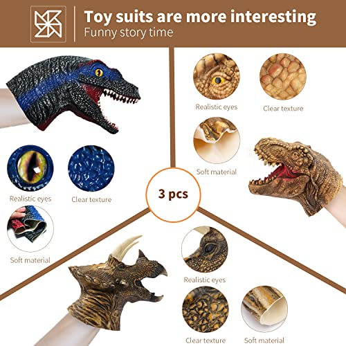 Yolococa Dinosaur Hand Puppets Realistic Latex Soft Animal Head Toys Set, Hand Puppet Toys Gift For Kids, Party Show Imaginative Play (Tyrannosaurus & Triceratops & Velociraptors) #TOP5