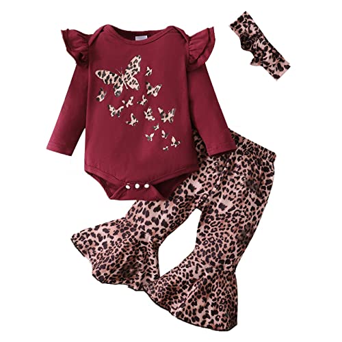 Miekisa Baby Girls Leopard Flared Pants Suit Hair Band Free (Red, 6-9M) #TOP6