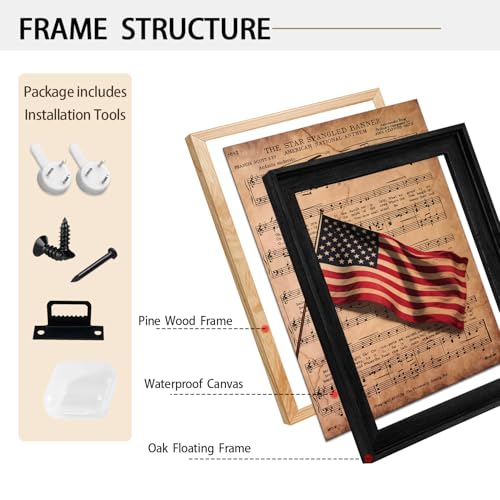 Image of American Flag Framed Canvas Wall Art, 4th of July USA National Anthem Canvas Prints, Sheet Music Patriotic Decorations, Vintage Independence Day Wall Decor for Bedroom Living Room Office 16x20