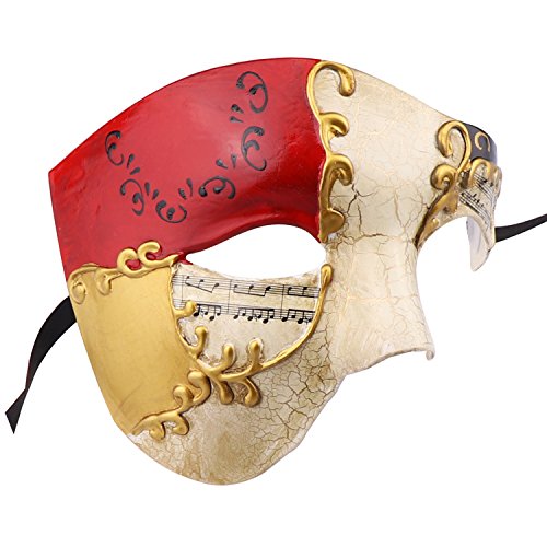 Vintage Design Half Face Men's Phantom Of The Opera Venetian Carnival Masquerade Mask (Beige & red) - Image 4