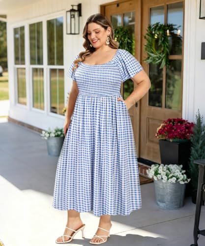 Image of RITERA Plus Size Dresses for Curvy Women Square Neck Short Sleeve Summer Floral Smocked Maxi Dress with Pocket XL-5XL
